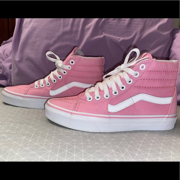 pink and white high top vans